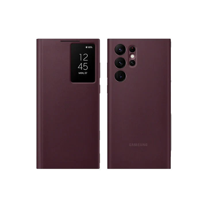 Samsung Galaxy S22 Ultra S-View/Smart View Wallet Flip Case - Protective Leather Cover with Smart Screen Display, Tap Control, Slim Design, and Built-in Card Holder Pocket (Burgundy)