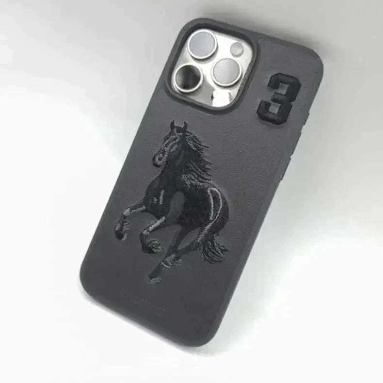 Santa Barbara Boris Series(Horse) Geniune Leather Case Cover for (iPhone 16 Pro Horse 3)- Black