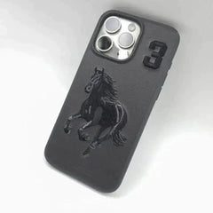 Santa Barbara Boris Series(Horse) Geniune Leather Case Cover for (iPhone 16 Pro Horse 3)- Black